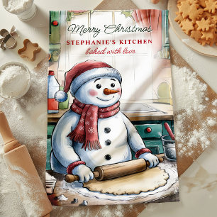 Schneemann rollt Teig personalisiertes Weihnachten Geschirrtuch