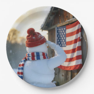 Schneemann salutiert eine amerikanische Flagge Pappteller