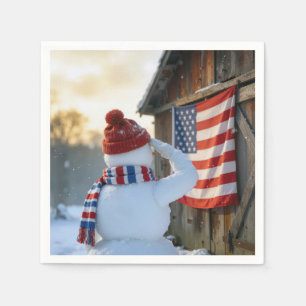 Schneemann salutiert vor einer amerikanischen Flag Serviette