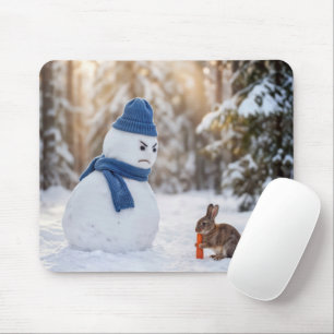 Schneemann schaut einen Hasen finster an Mousepad