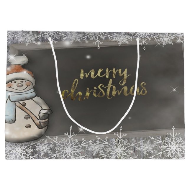 Schneemann, Schneeflocken Urlaub Große Geschenktüte (Rückseite)