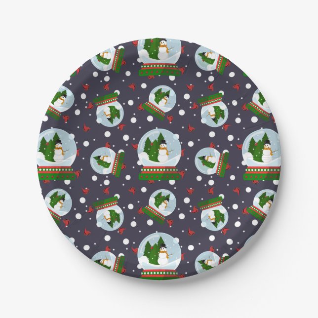 Schneemann-Schneekugeln Pappteller (Vorderseite)