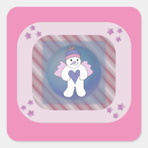 Schneemann-Schneengel-Pink-Quadrat-Aufkleber Quadratischer Aufkleber