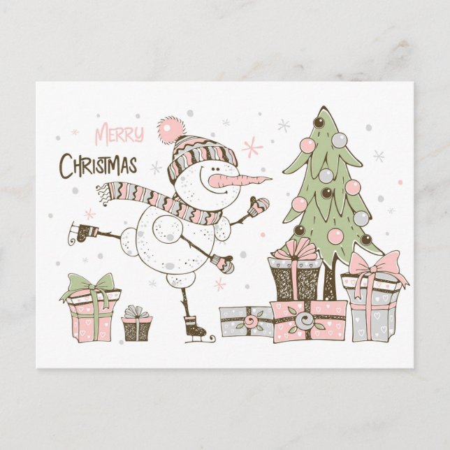 Schneemann Skifahren mit Weihnachtsbaum und Gesche Postkarte (Vorderseite)