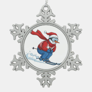 Schneemann Skifahrer Weihnachten 2026 Urlaub Winte Schneeflocken Zinn-Ornament