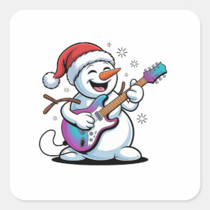 Schneemann spielt E-Gitarre Rock-Weihnachten Quadratischer Aufkleber