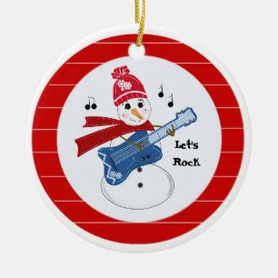 Schneemann spielt elektrische Rockgitarre Keramik Ornament