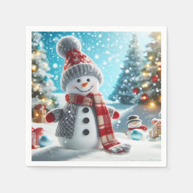 Schneemann steht in der Winterlandschaft Serviette (Vorderseite)