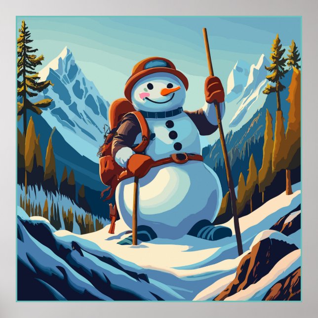 Schneemann steigt zu Weihnachten Berge an Poster (Vorne)
