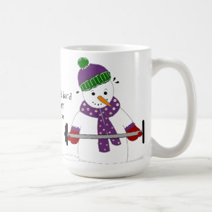 Schneemann stemmt Gewichte mit Spruch Kaffeetasse