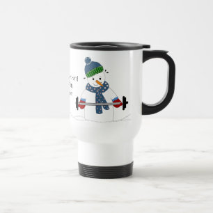 Schneemann stemmt Gewichte mit Spruch Reisebecher