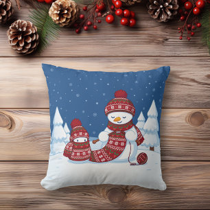 Schneemann strickt Weihnachtsschal Kissen