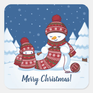 Schneemann strickt Weihnachtsschal Quadratischer Aufkleber