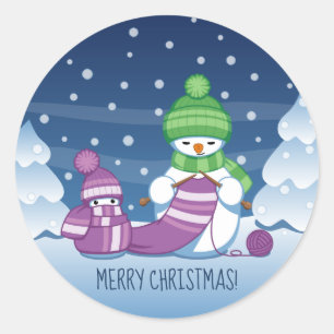 Schneemann strickt Weihnachtsschal Runder Aufkleber