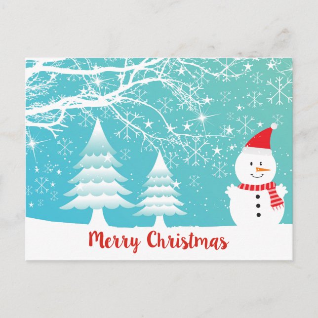 Schneemann und Abstrakte Schneeflocken Postkarte (Vorderseite)