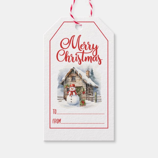 Schneemann und Blockhütte Geschenkanhänger (Vorderseite)