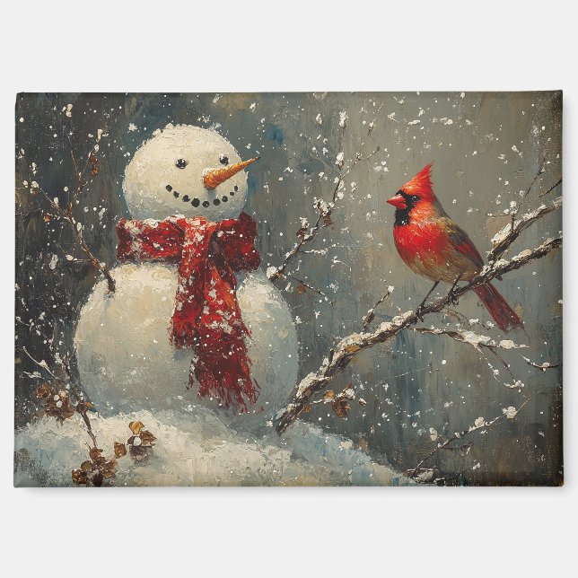 Schneemann und ein Kardinal Ölgemälde Magnet (Vorderseite)
