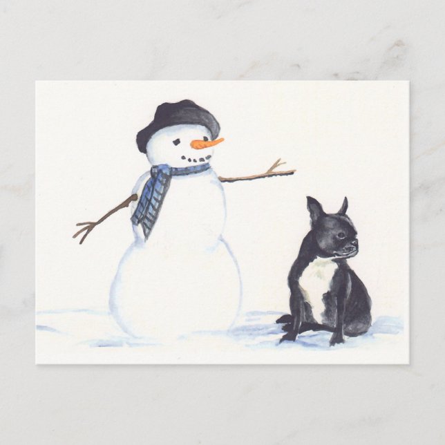 Schneemann und französischer Bulldogge Postkarte (Vorderseite)