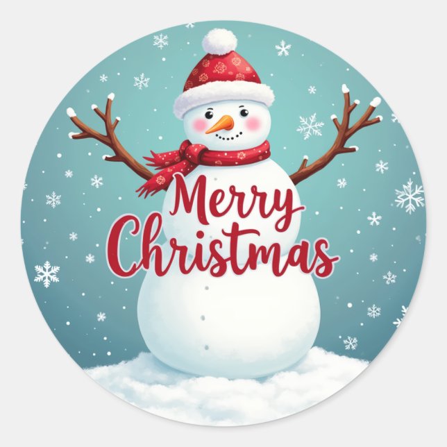 Schneemann und frohe Weihnachten Runder Aufkleber (Vorderseite)