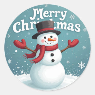 Schneemann und frohe Weihnachten Runder Aufkleber