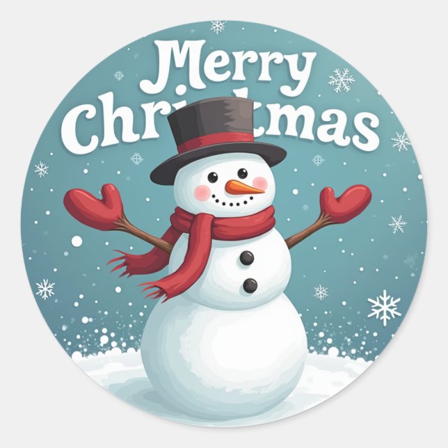 Schneemann und frohe Weihnachten Runder Aufkleber (Vorderseite)