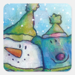 Schneemann und Hundeaufkleber Quadratischer Aufkleber