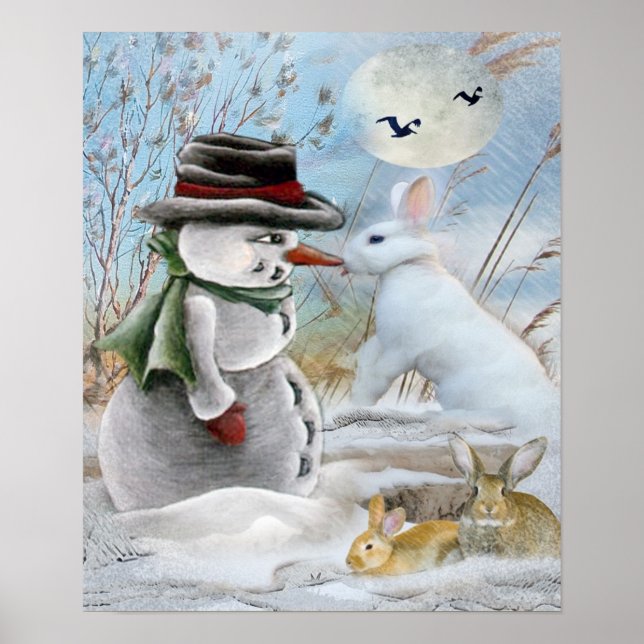 Schneemann und Kaninchen fressen Karottendruck Poster (Vorne)