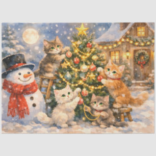 Schneemann und Kätzchen schmücken den Weihnachtsba Seidenpapier