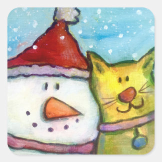 Schneemann und Katze Quadratischer Aufkleber