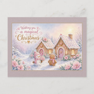 Schneemann und Lebkuchenfreund Rosa Cottages Postkarte