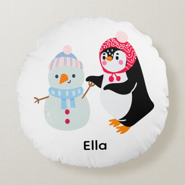 Schneemann und Pinguin erfroren Rundes Kissen (Vorderseite)