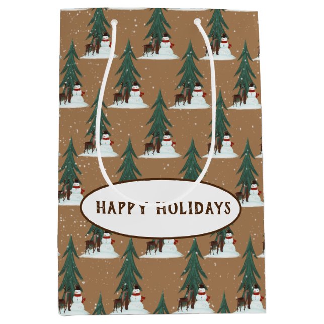 Schneemann und Reh in Schneeflocken Mittlere Geschenktüte (Vorderseite)