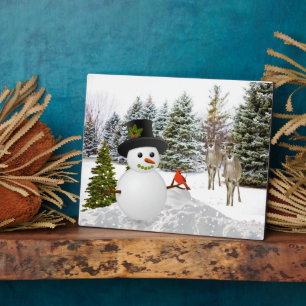 Schneemann und Reh / Winter-Hausdekoration Fotoplatte