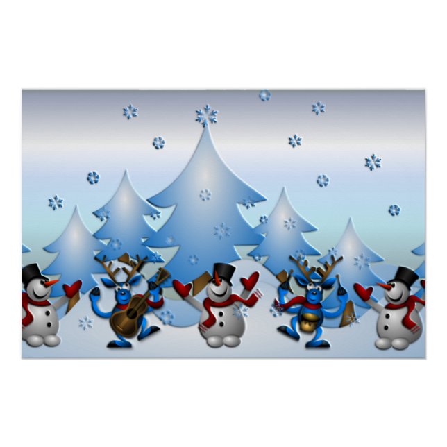Schneemann und Rentiere tanzen unter Bäumen Poster (Vorderseite)