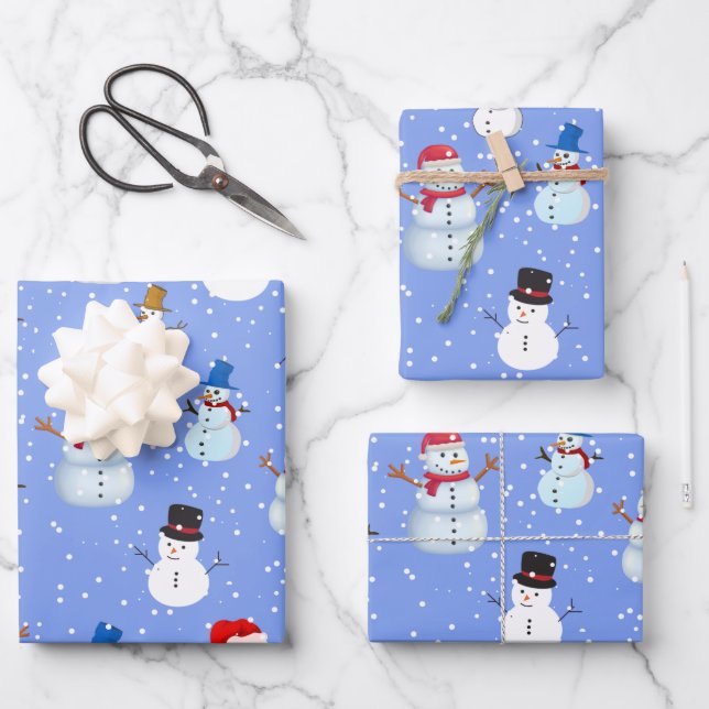 Schneemann und Schneefall Geschenkpapier Set (Vorderseite)