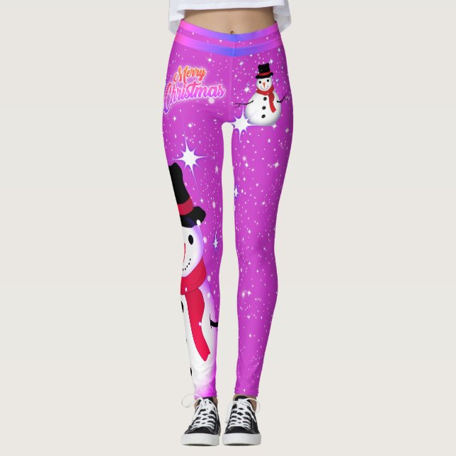 Schneemann und Schneeflocken auf IHRER FARBE Weihn Leggings (Vorderseite)