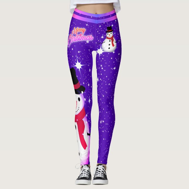 Schneemann und Schneeflocken auf IHRER FARBE Weihn Leggings (Vorderseite)
