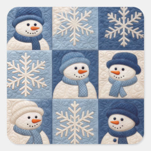 Schneemann- und Schneeflocken-Quiltmuster Quadratischer Aufkleber