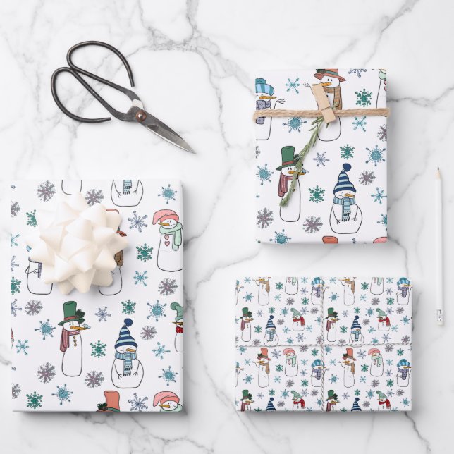 Schneemann und Schneeflocken Wrapping Paper Set 3 Geschenkpapier Set (Vorderseite)
