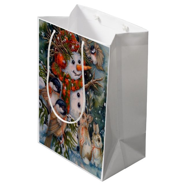 Schneemann und Vogel Mittlere Geschenktüte (Rückseite Schrägansicht)