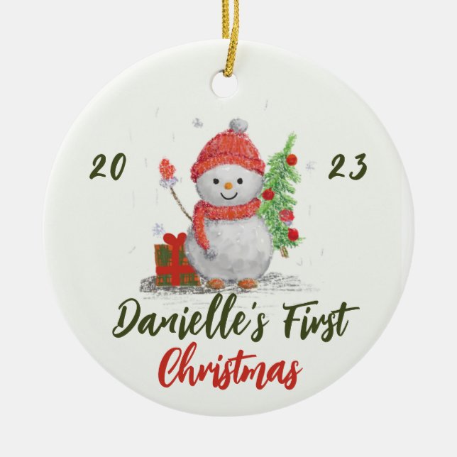 Schneemann und Weihnachtsbaum Foto Keramik Ornament (Vorne)