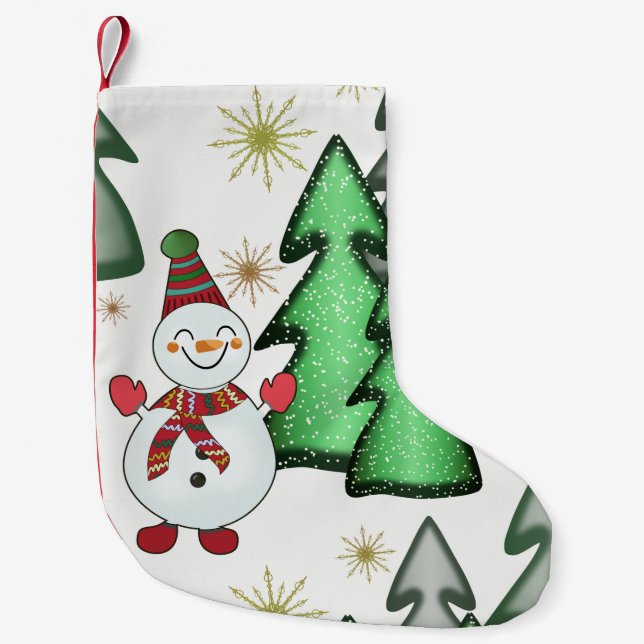 Schneemann und Weihnachtsbäume. Kleiner Weihnachtsstrumpf (Vorderseite)