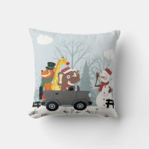 Schneemann und wilde Tiere Weihnachtswirbel Kissen