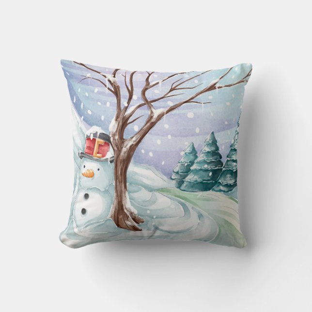 Schneemann- und Winterlandschaft Kissen (Vorderseite)