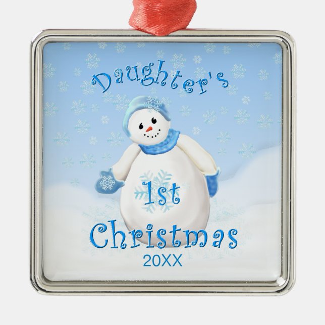 Schneemann-Verzierung der Tochter 1. Weihnachts Silbernes Ornament (Vorne)