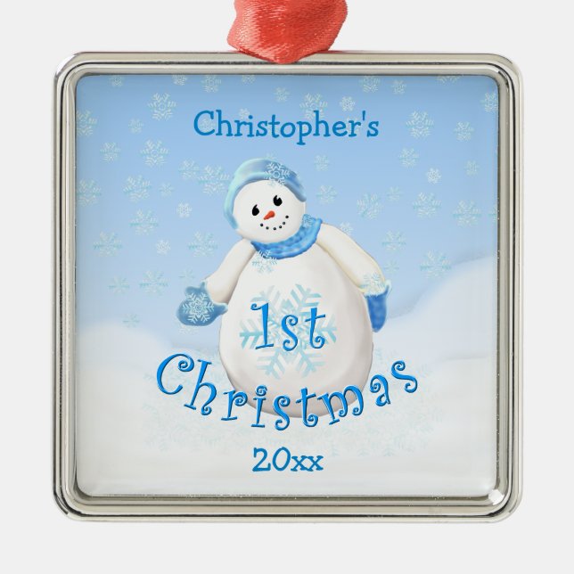 Schneemann-Verzierung des Babys 1. Weihnachts Silbernes Ornament (Vorne)