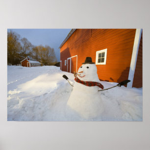 Schneemann vor roter Scheune in Kolumbien-Fälle Poster