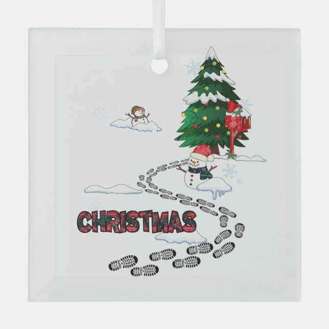 Schneemann, Weihnachtsbaum, Fußabdrücke, Schnee Ornament Aus Glas (Vorderseite)