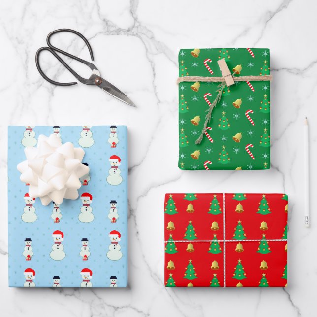 Schneemann, Weihnachtsbaum, Glocken und Schneefloc Geschenkpapier Set (Vorderseite)