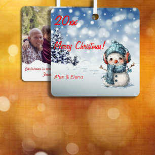 Schneemann Weihnachtsbaum Schnee Foto Quadrat Schm Ornament Aus Metall